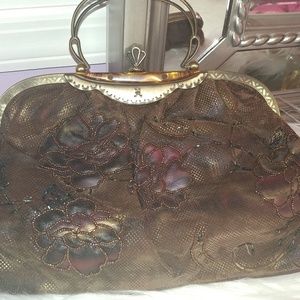 Ladies Brown Microsuede Beaded Flower Handbag